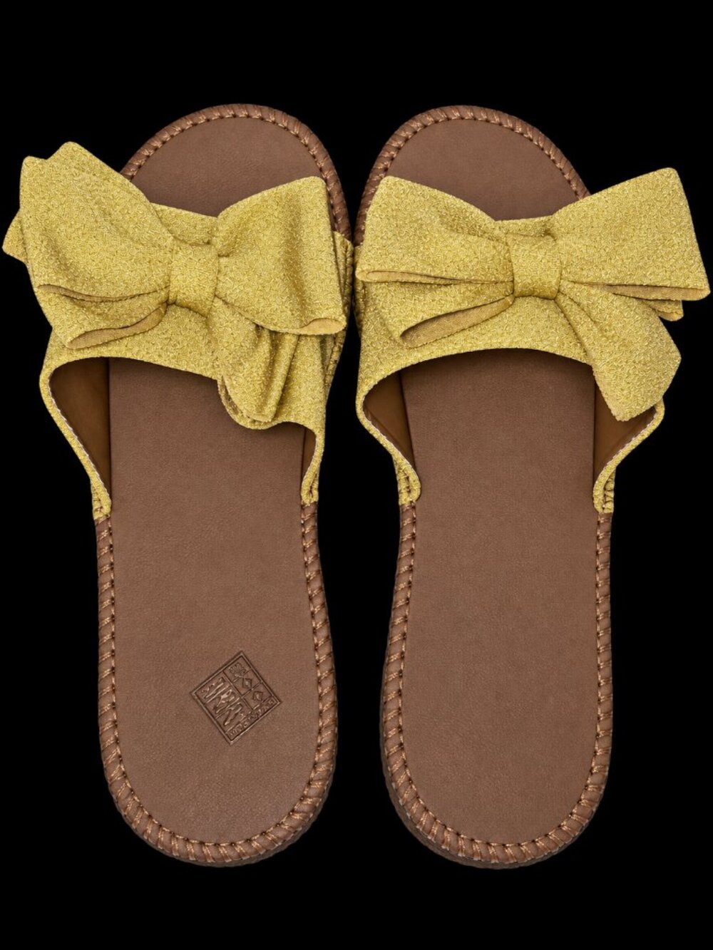 [NWOT] Rubber Sole Slide Sandals, Brown w/Mustard Yellow Bow; Size 8 (Women)